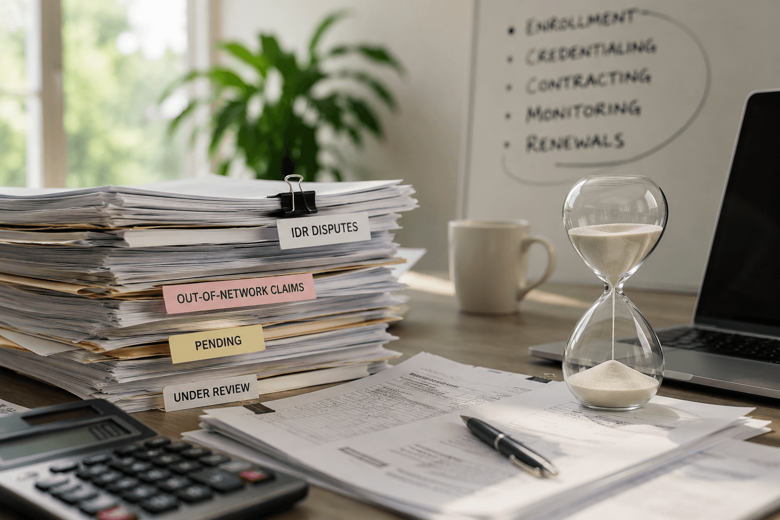 Stack of IDR dispute files labeled 'Out-of-Network Claims', 'Pending', and 'Under Review' beside an hourglass