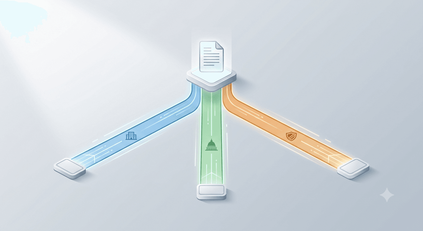 One provider application diverging into three separate credentialing paths for commercial, Medicaid, and Medicare Advantage payers