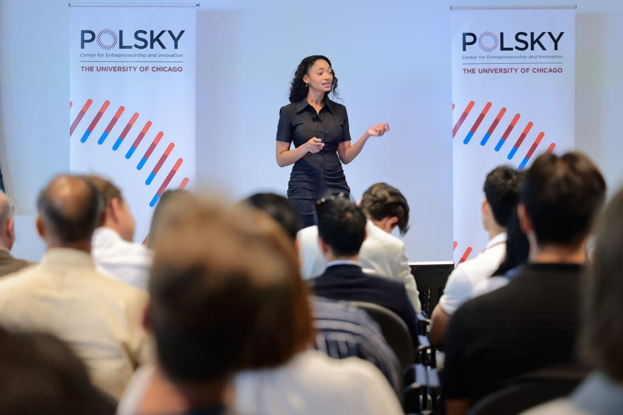 CareLumi CEO Shai Basys presenting at the UChicago Polsky Center Deep Tech Demo Day, July 2026