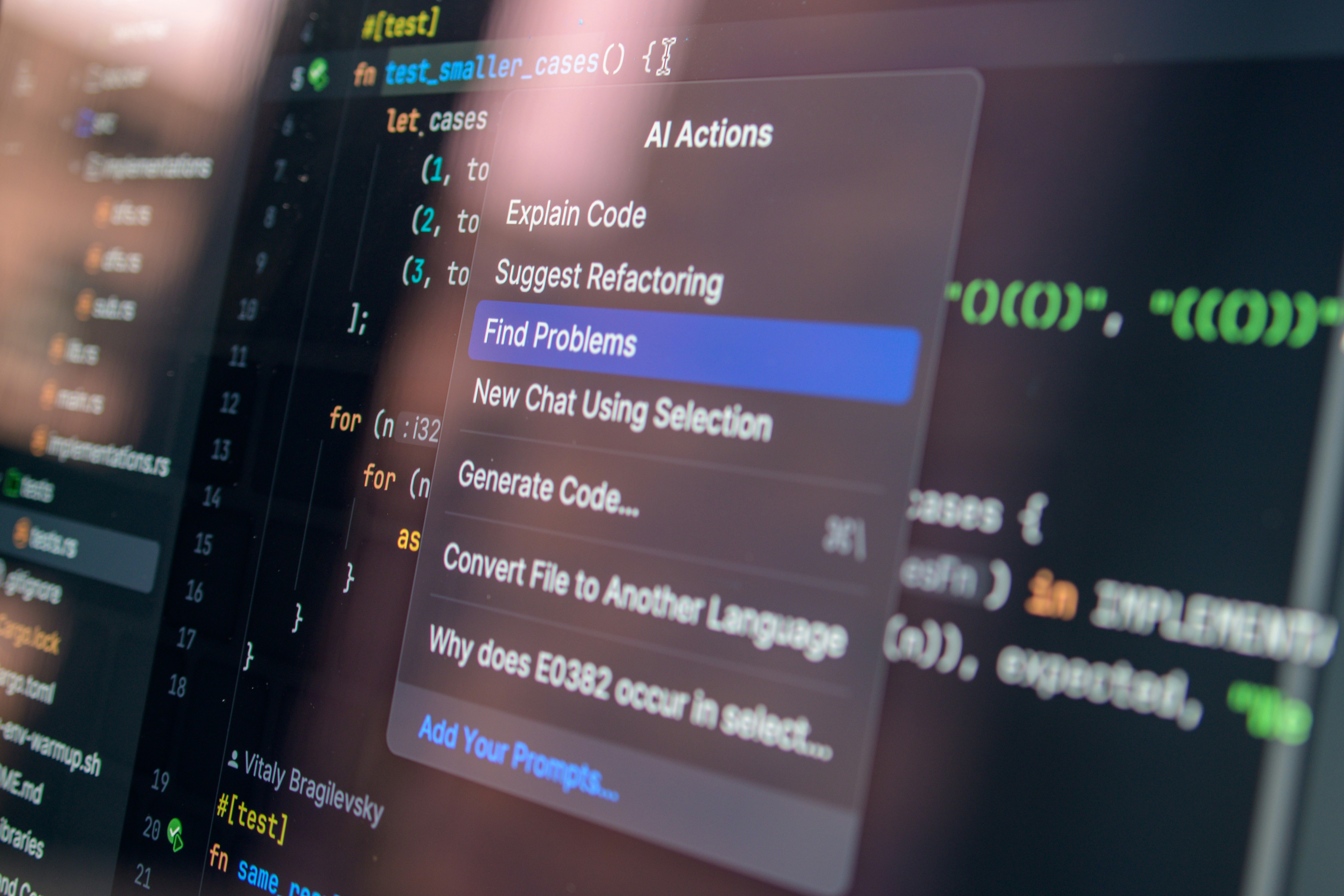 Close-up of a code editor with an AI Actions menu open, Find Problems highlighted