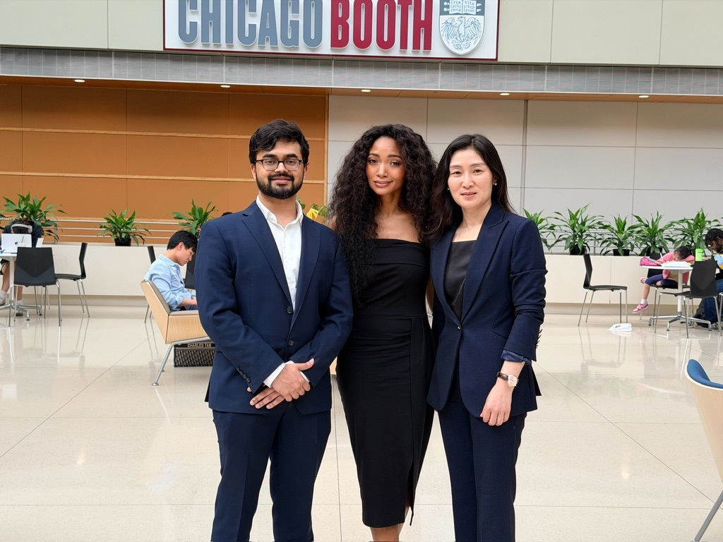 Eshan Saran, Shai Basys, and Claire Chen of CareLumi standing together at Chicago Booth